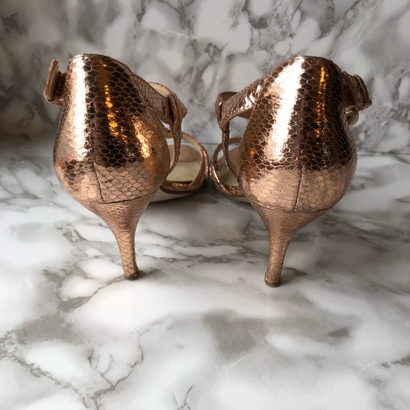 Enzo Angiolini Rose Gold Faux Snake Skin Strappy High Heels - Picture 6 of 15